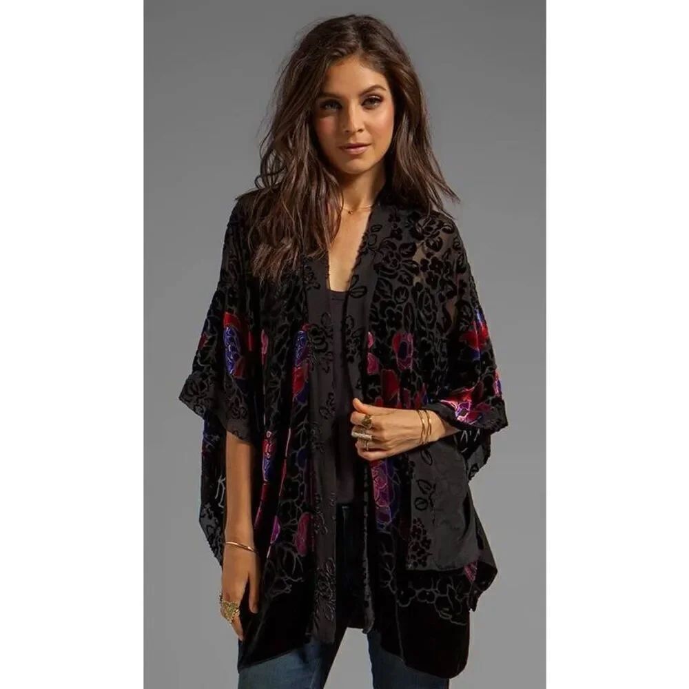 Revolve, Anna Sui Rose Border Burnout Velvet Open Cardigan in Black Multi PS